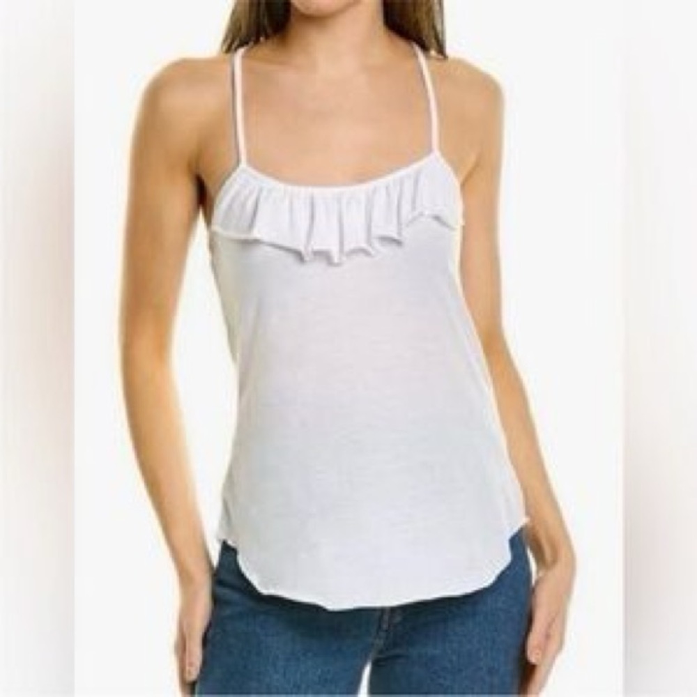 Ruffle-Trim White Spaghetti Strap Tank Top